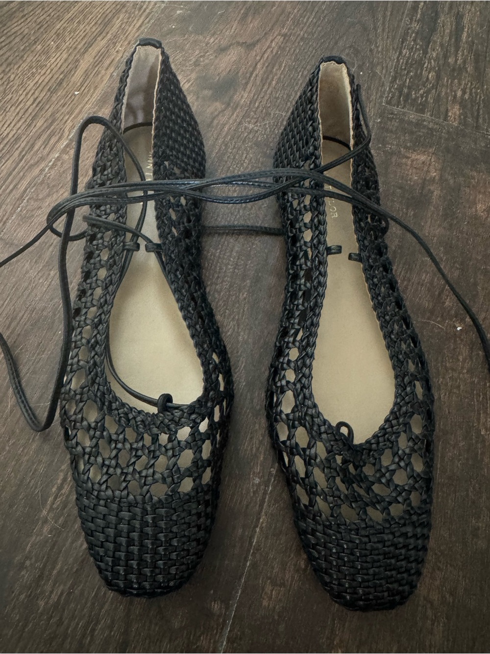 Ann Taylor Black Woven Lace-Up Flats with Square Toe